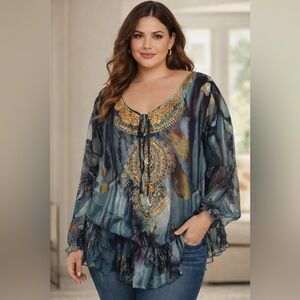 Mushka Sienna Rose Boho Blouse Beaded Sequin Sheer Sleeve NWT